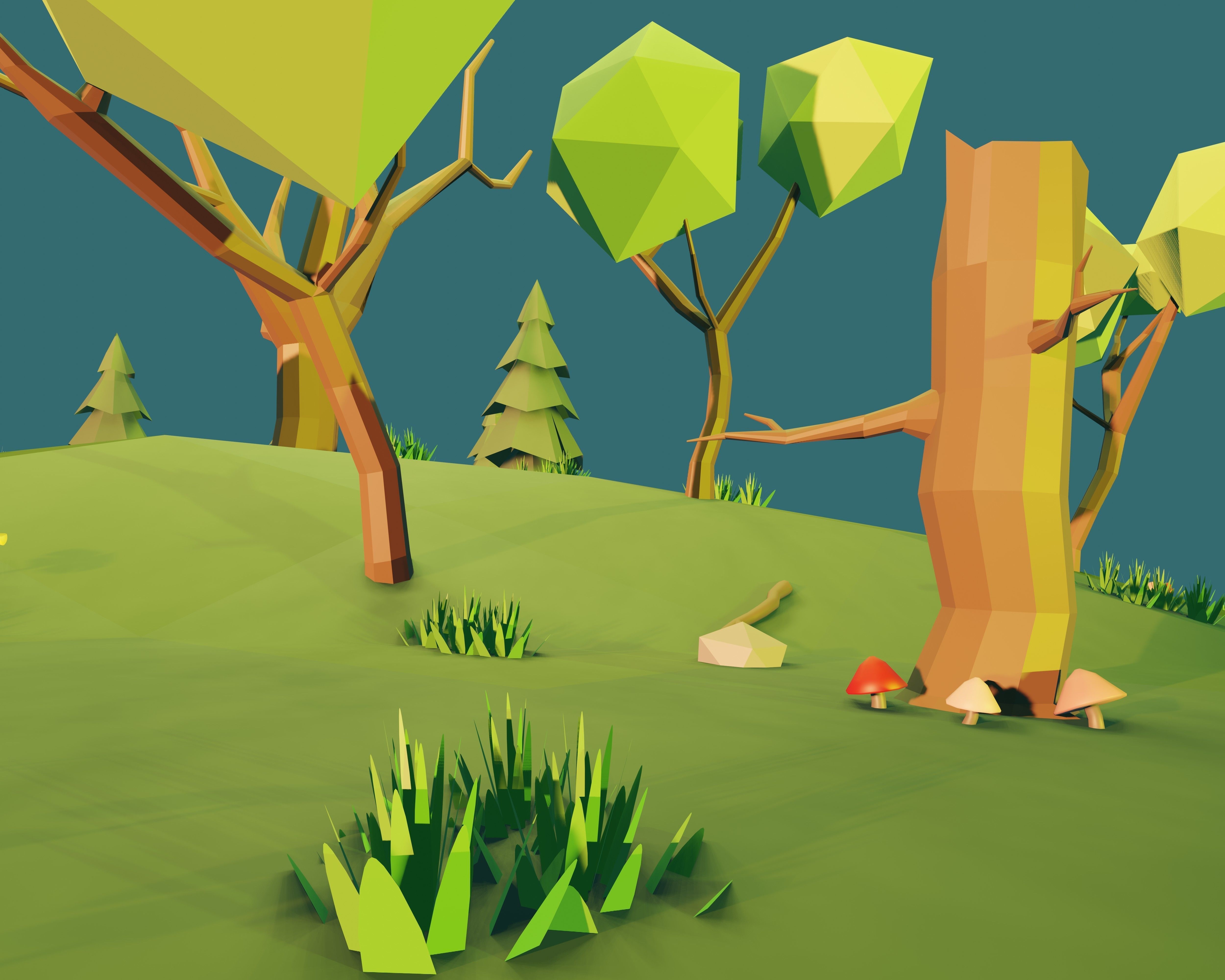 Low poly Forest polygonal terrain with trees and grass Free low-poly 3D model_1