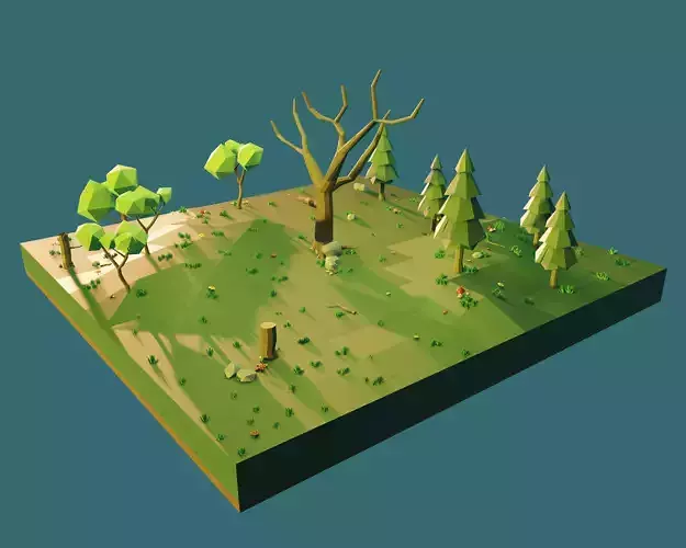 Low poly Forest polygonal terrain with trees and grass Free low-poly 3D model