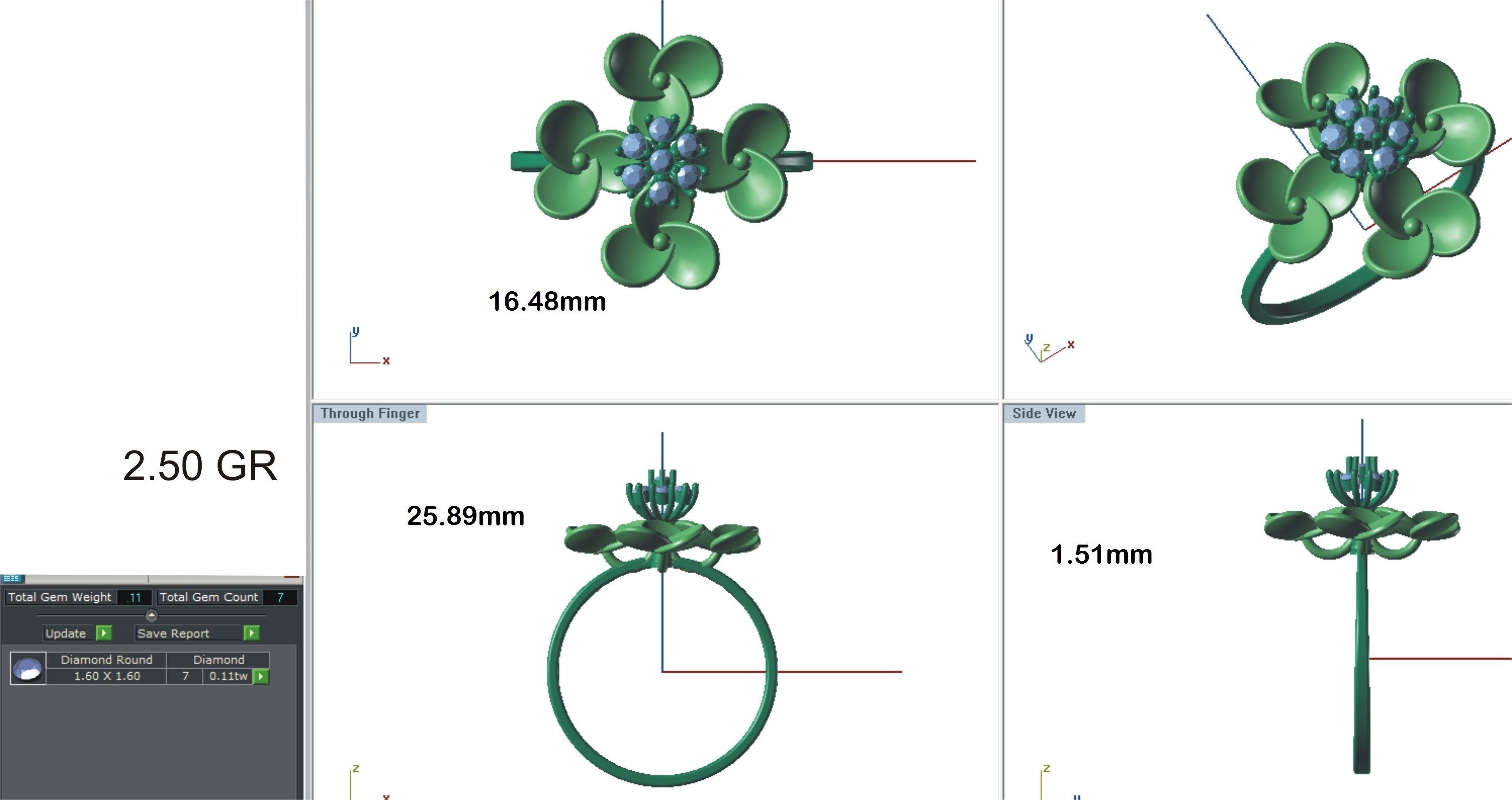 Ring-52 rose gold flower ring with diamonds 3D print model_24