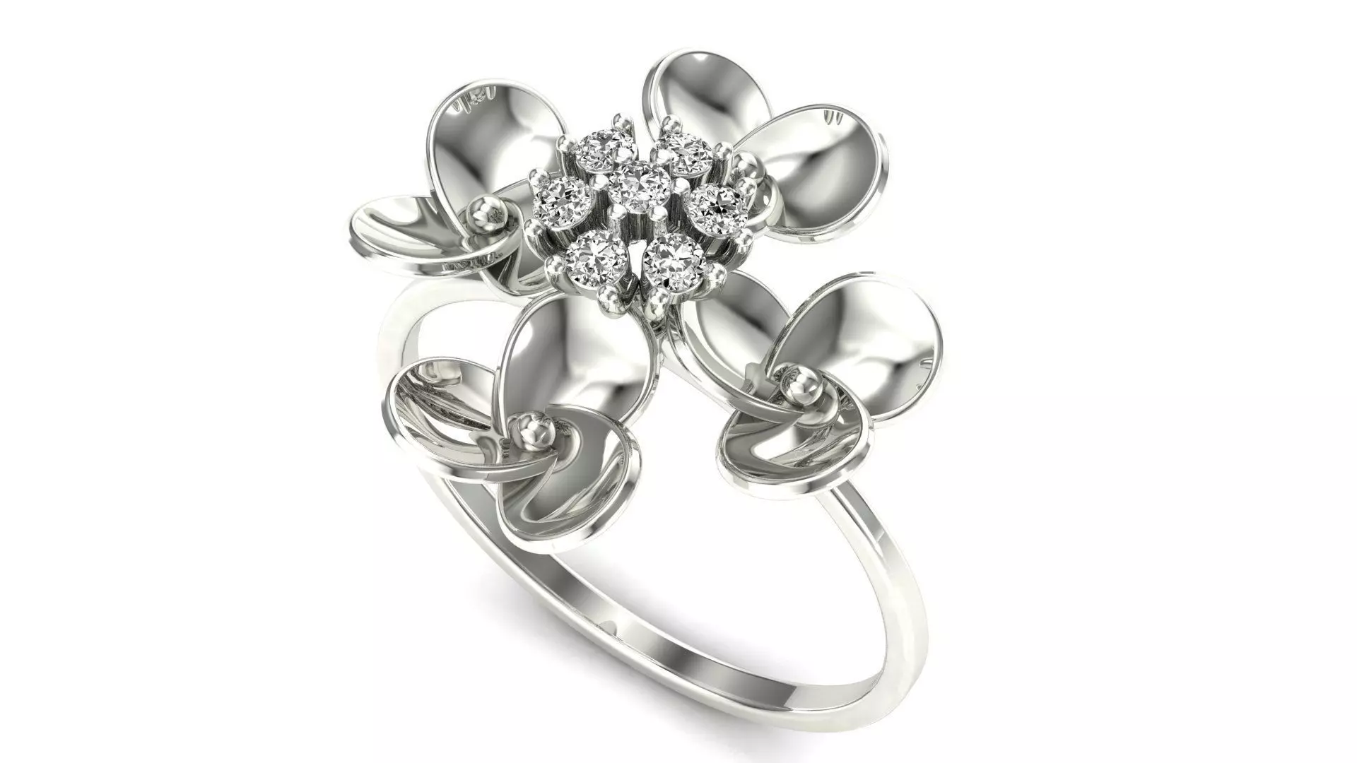 Ring-52 rose gold flower ring with diamonds 3D print model_0