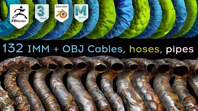 132 Zbrush Cables hoses pipes Brushes IMM curve and OBJ Meshes 3D model