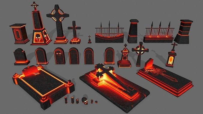 tombstone set two tombstones with skull in middle Low-poly 3D model