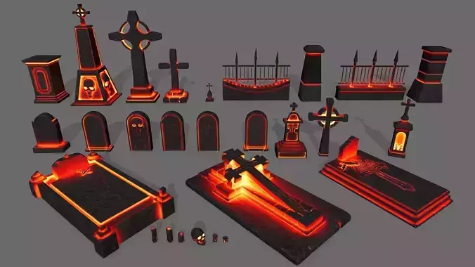 tombstone set two tombstones with skull in middle Low-poly 3D model