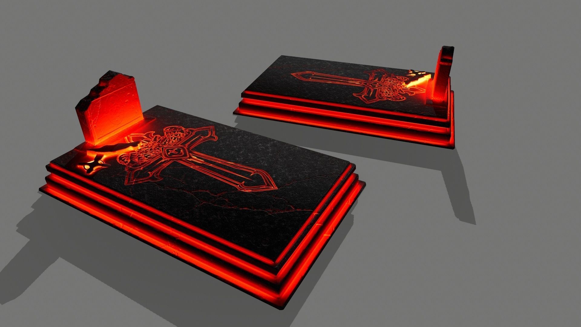 tombstone set two tombstones with skull in middle Low-poly 3D model_8