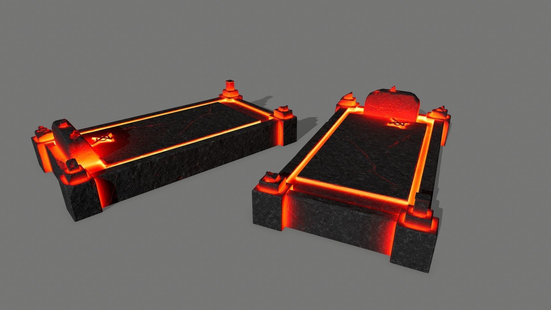 tombstone set two tombstones with skull in middle Low-poly 3D model_4