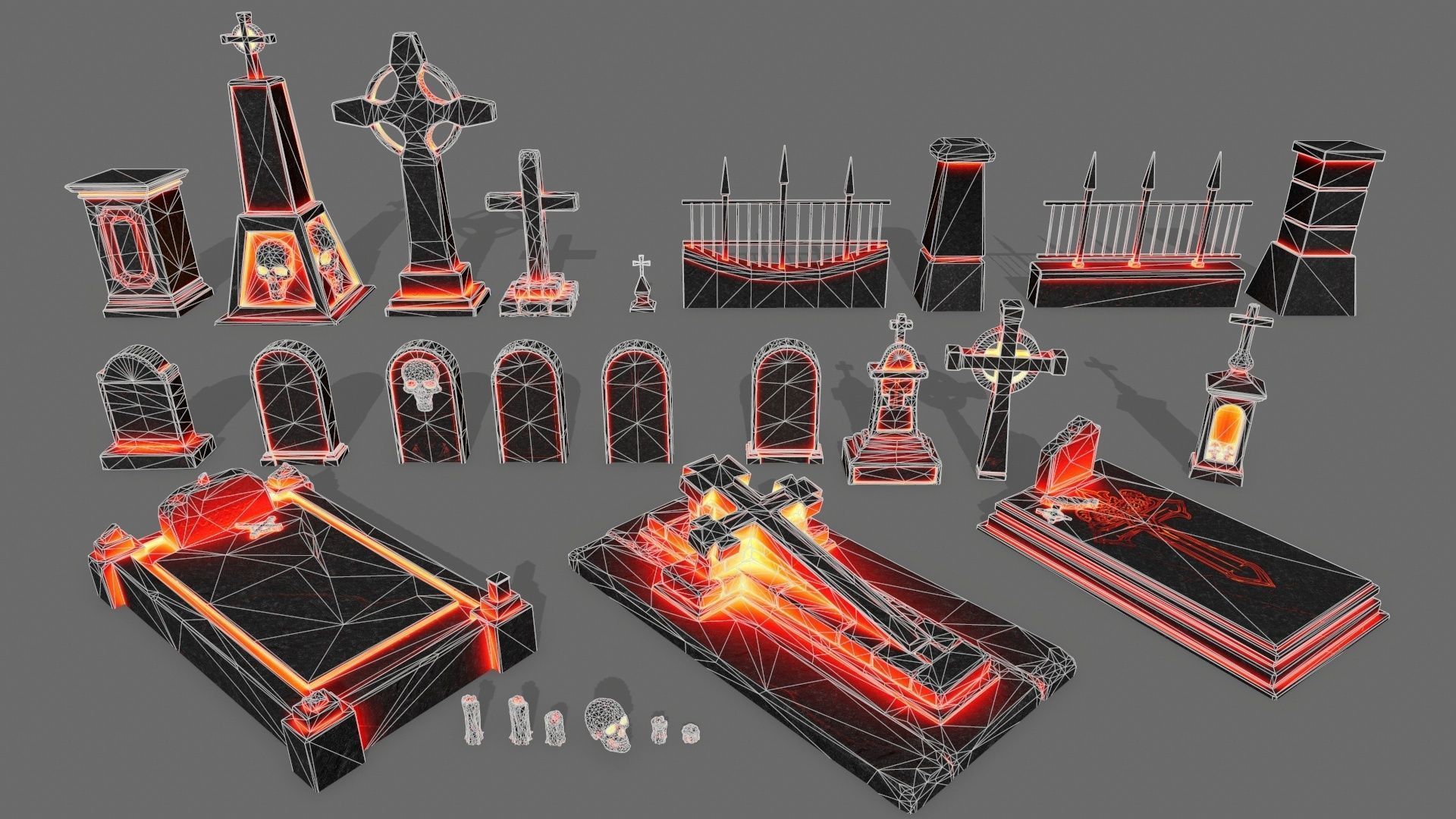 tombstone set two tombstones with skull in middle Low-poly 3D model_24