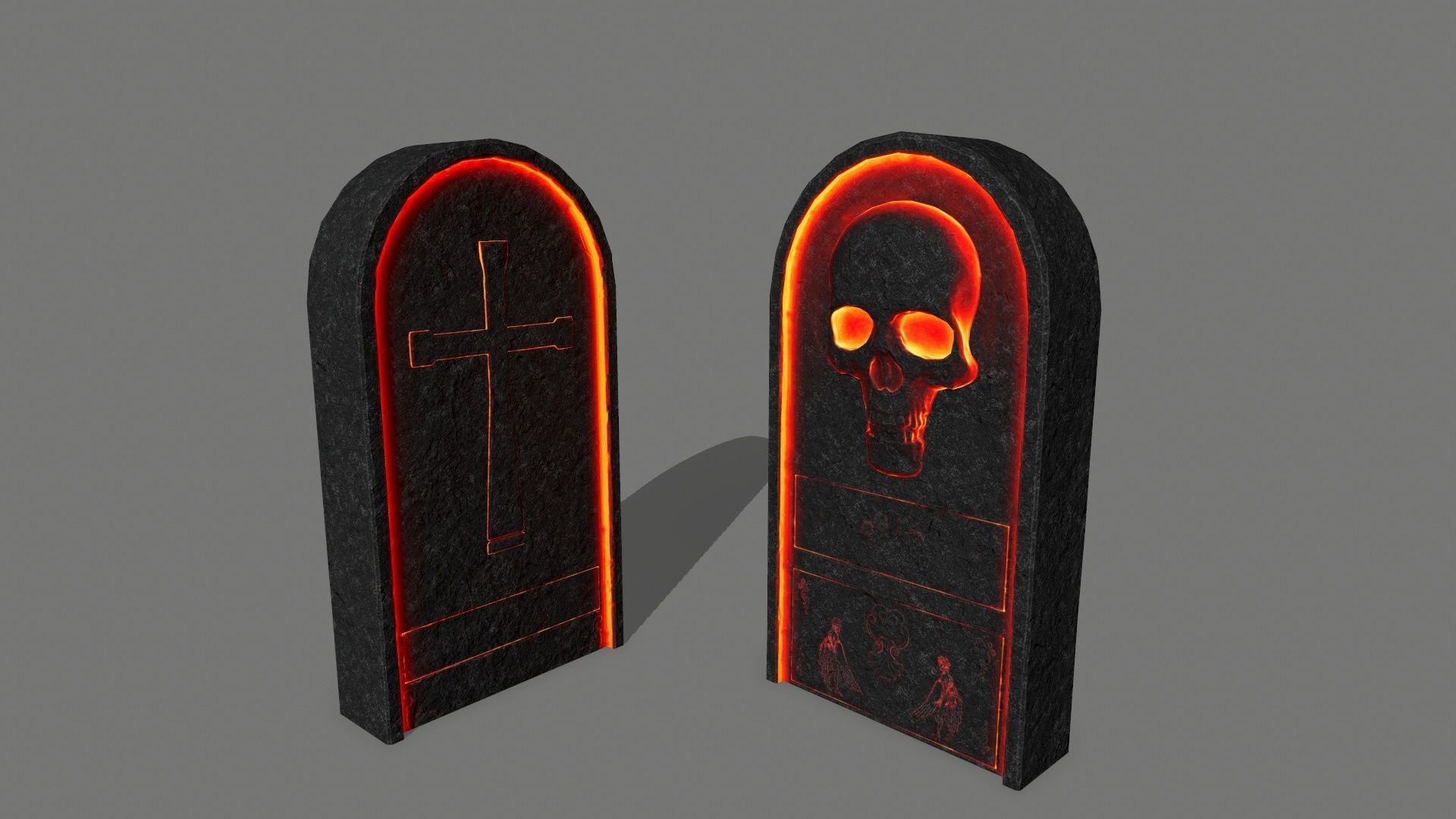 tombstone set two tombstones with skull in middle Low-poly 3D model_6