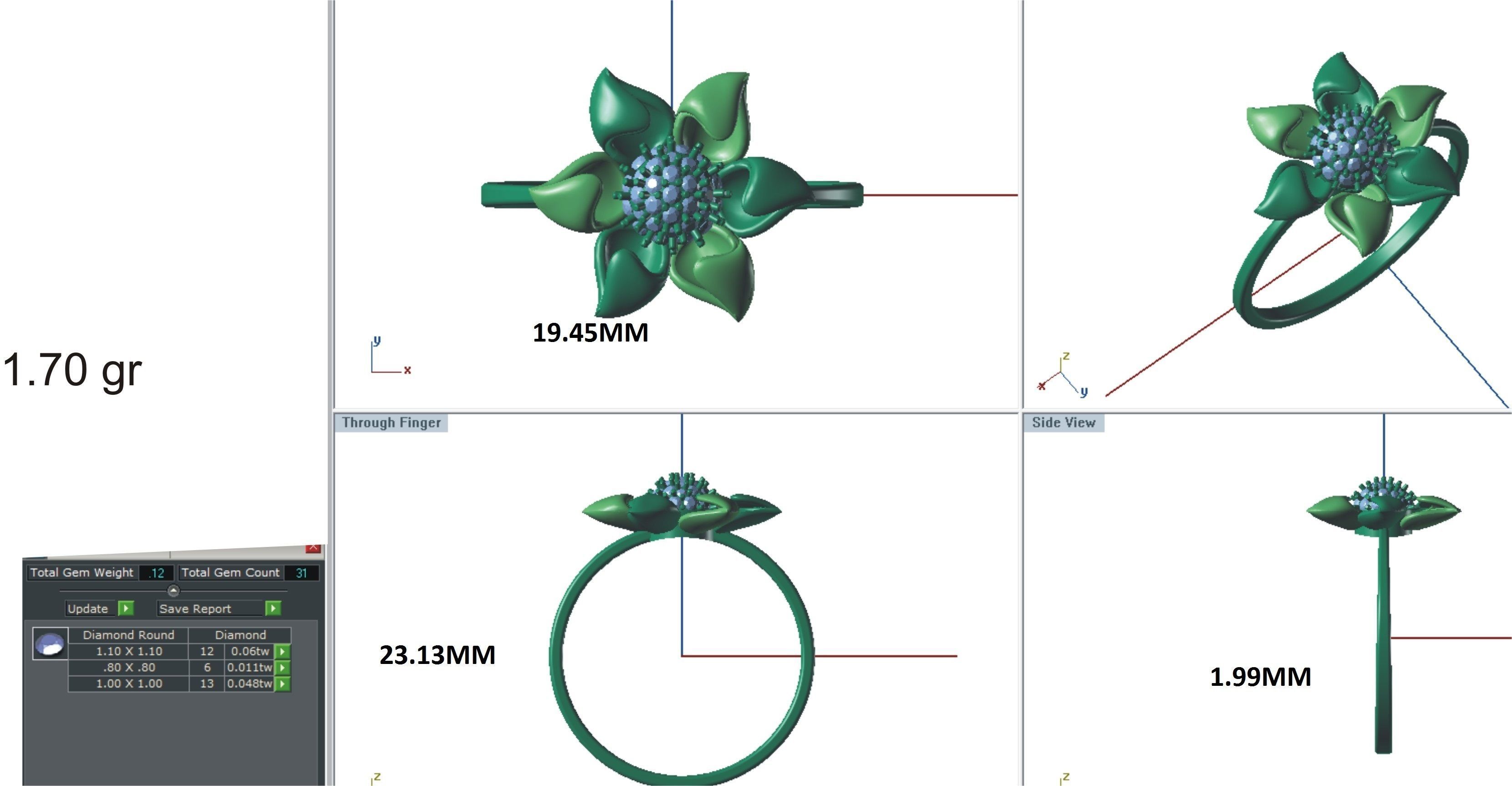 Ring-12 rose gold diamond flower ring 3D print model_24
