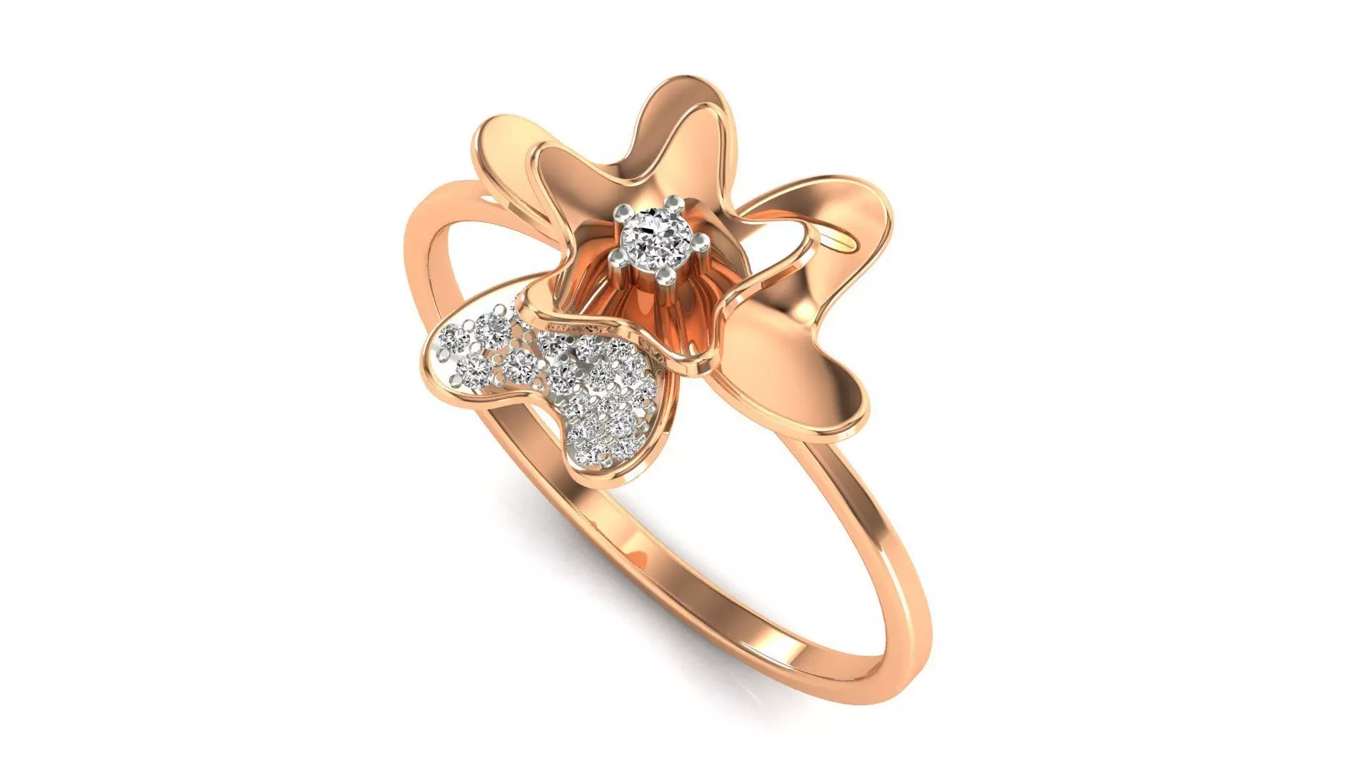 Ring-10 rose gold flower ring with diamonds 3D print model_0
