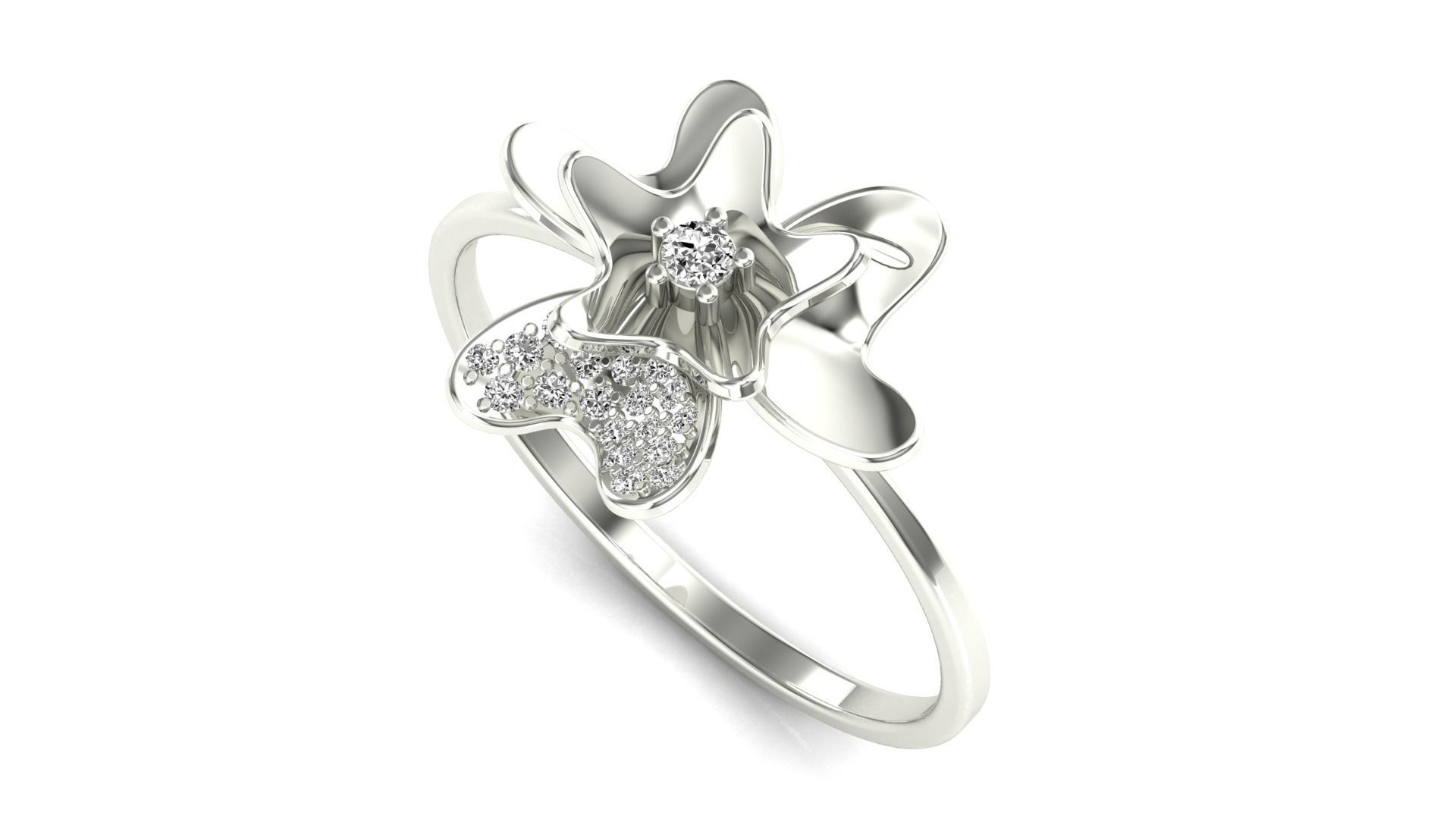 Ring-10 rose gold flower ring with diamonds 3D print model_3