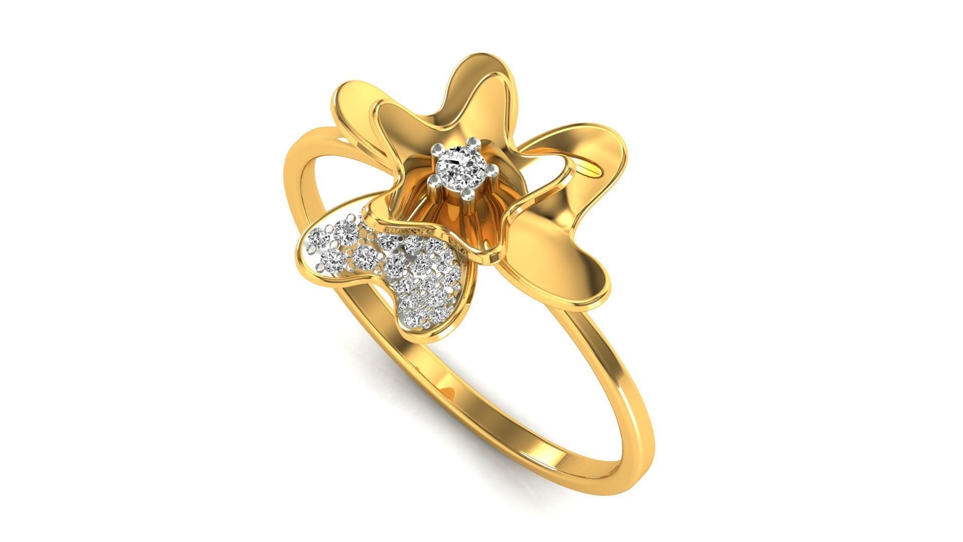 Ring-10 rose gold flower ring with diamonds 3D print model_5