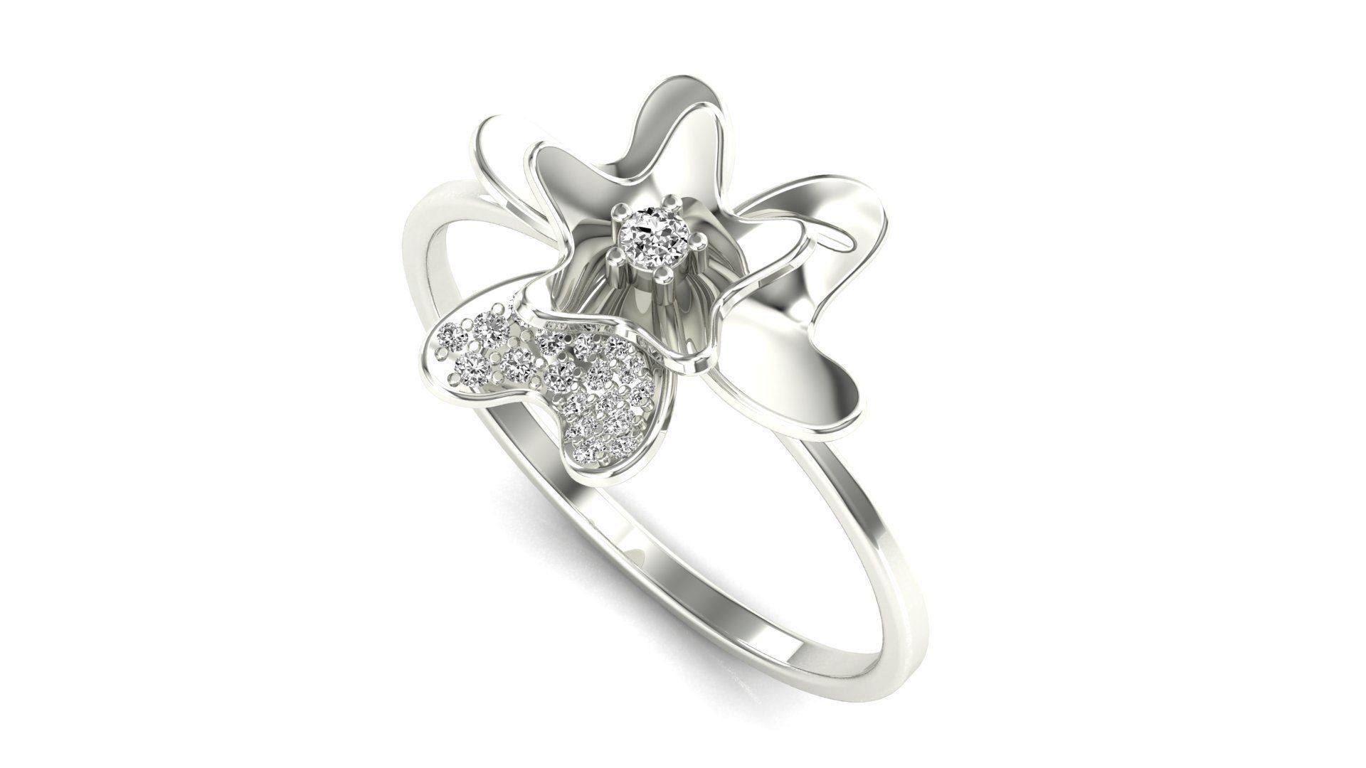 Ring-10 rose gold flower ring with diamonds 3D print model_2