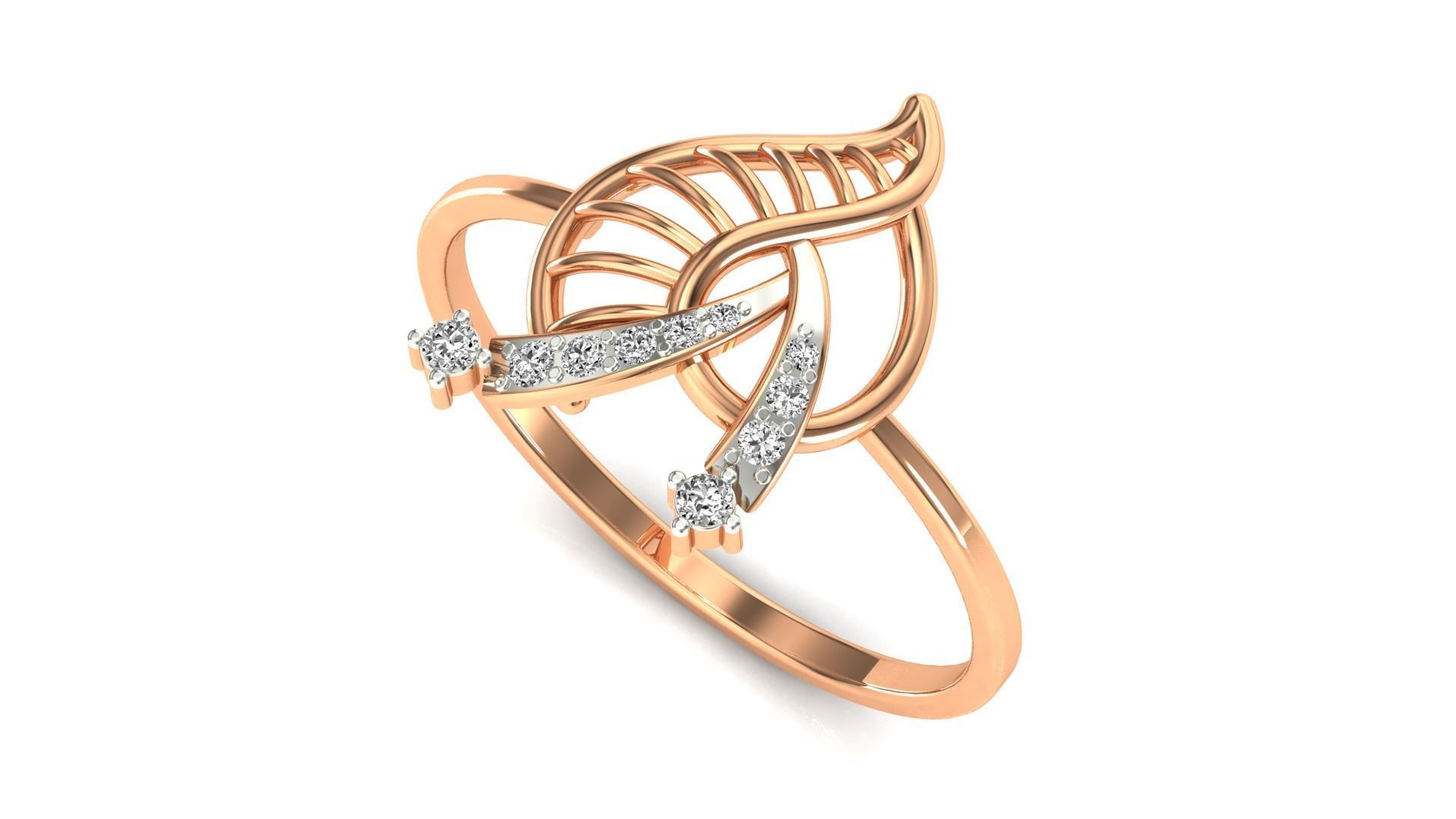 Ring-09 rose gold leaf ring with diamonds 3D print model_3