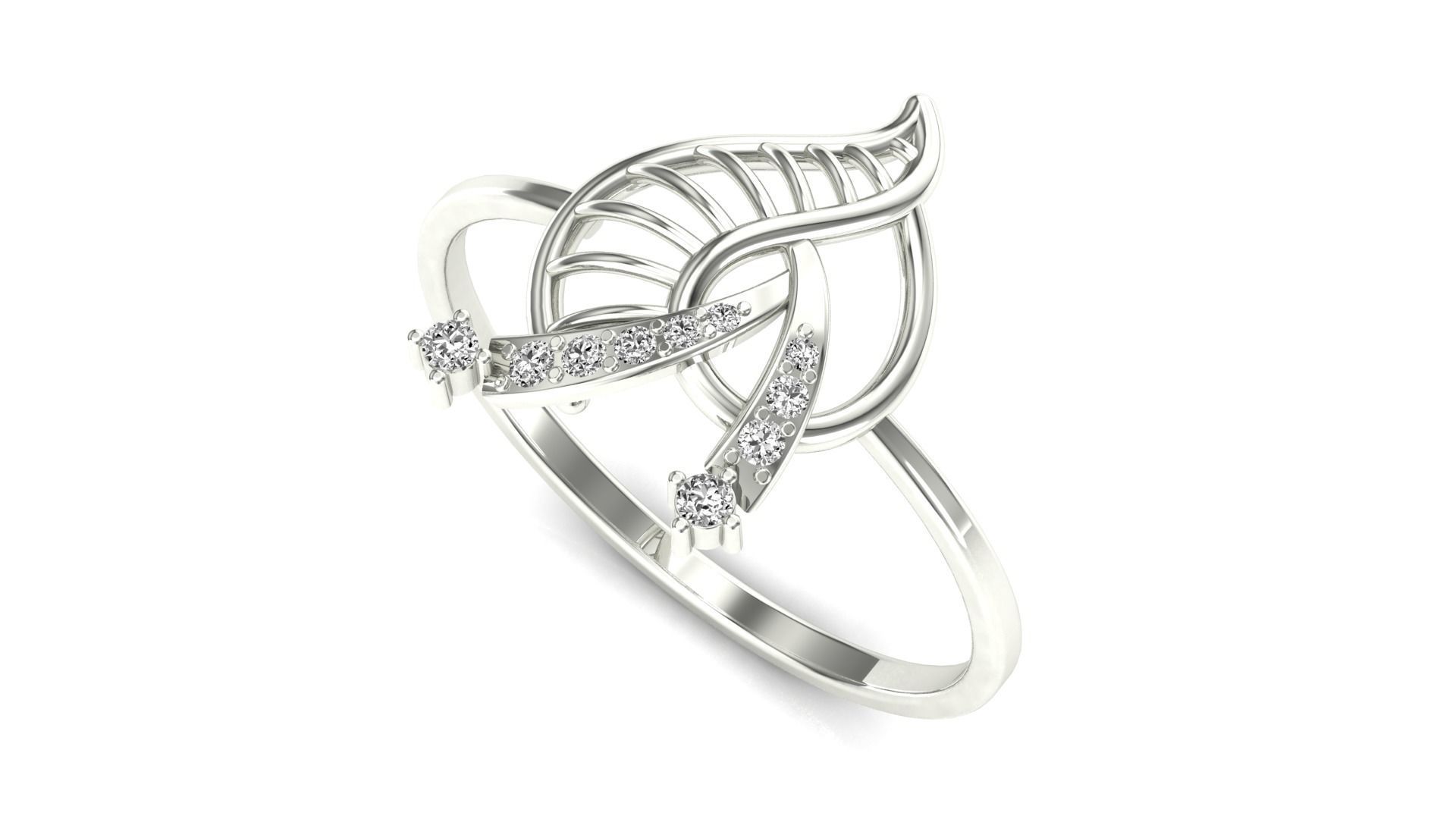 Ring-09 rose gold leaf ring with diamonds 3D print model_4