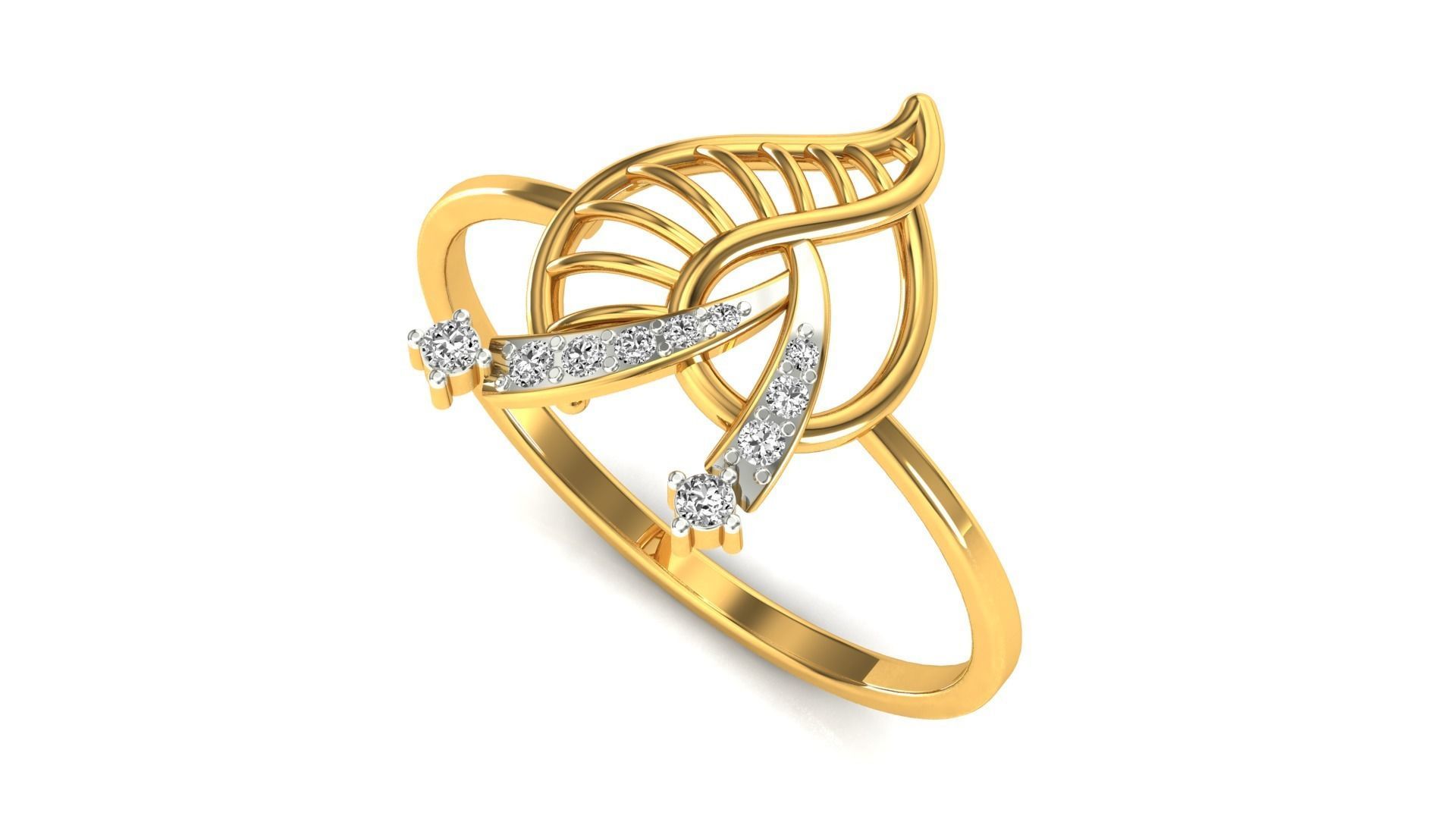Ring-09 rose gold leaf ring with diamonds 3D print model_5