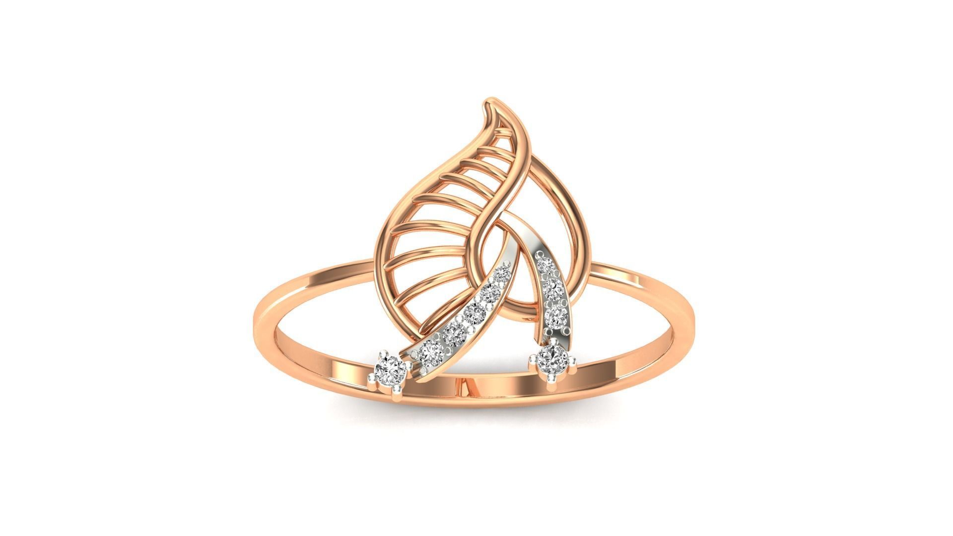 Ring-09 rose gold leaf ring with diamonds 3D print model_19
