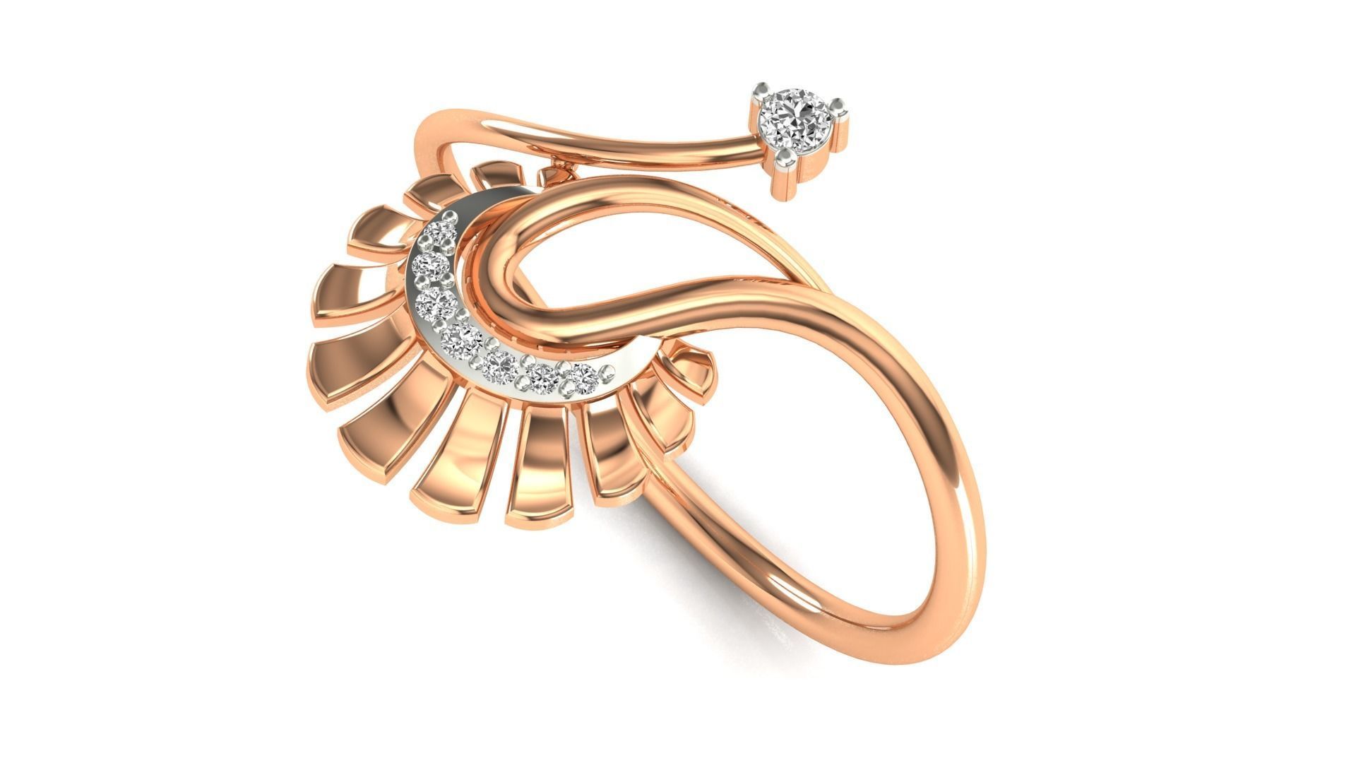 Ring-08 peacock ring in rose gold with diamonds 3D print model_1
