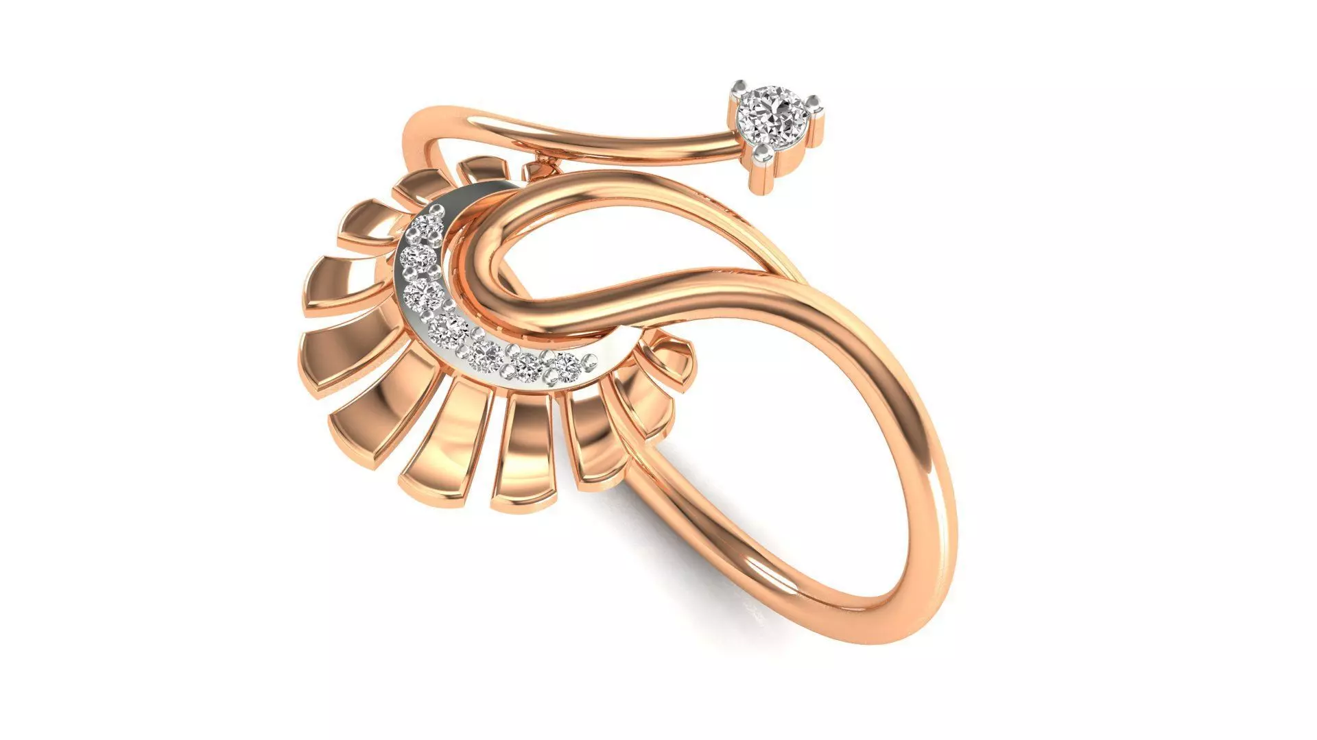 Ring-08 peacock ring in rose gold with diamonds 3D print model_0