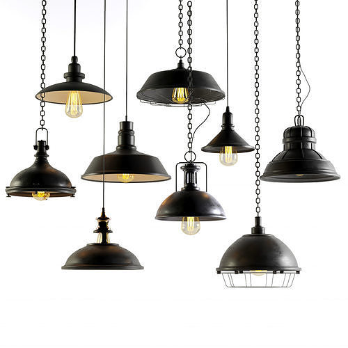 black cast industrial chandeliers 3D model