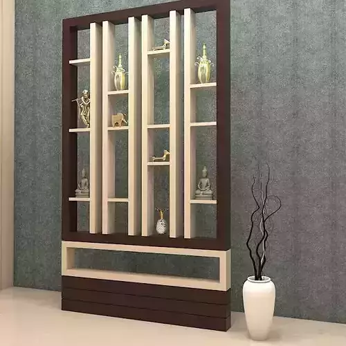 partition living room with wooden shelf and vase