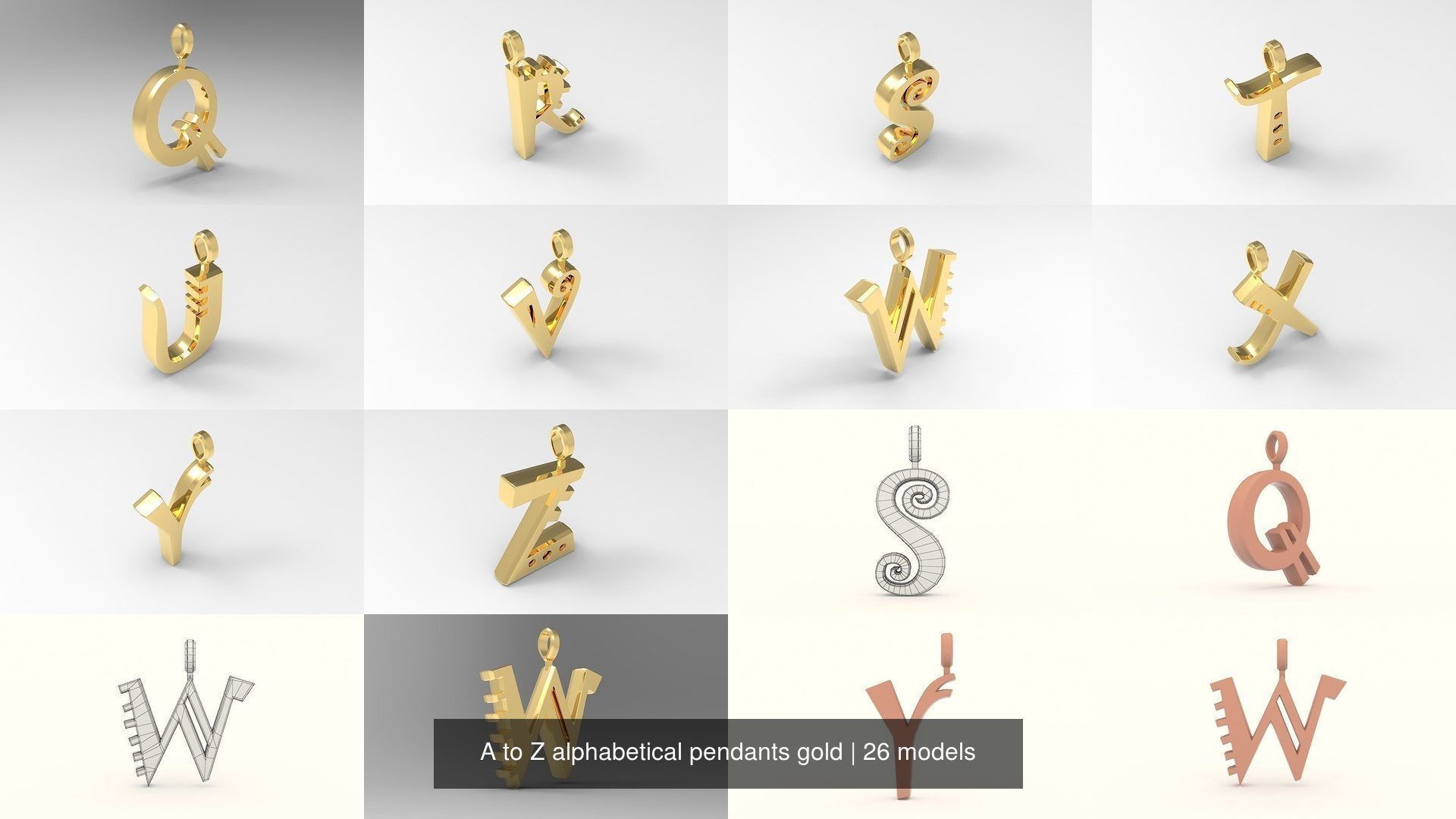 A to Z alphabetical pendants gold 3D Model Collection_3