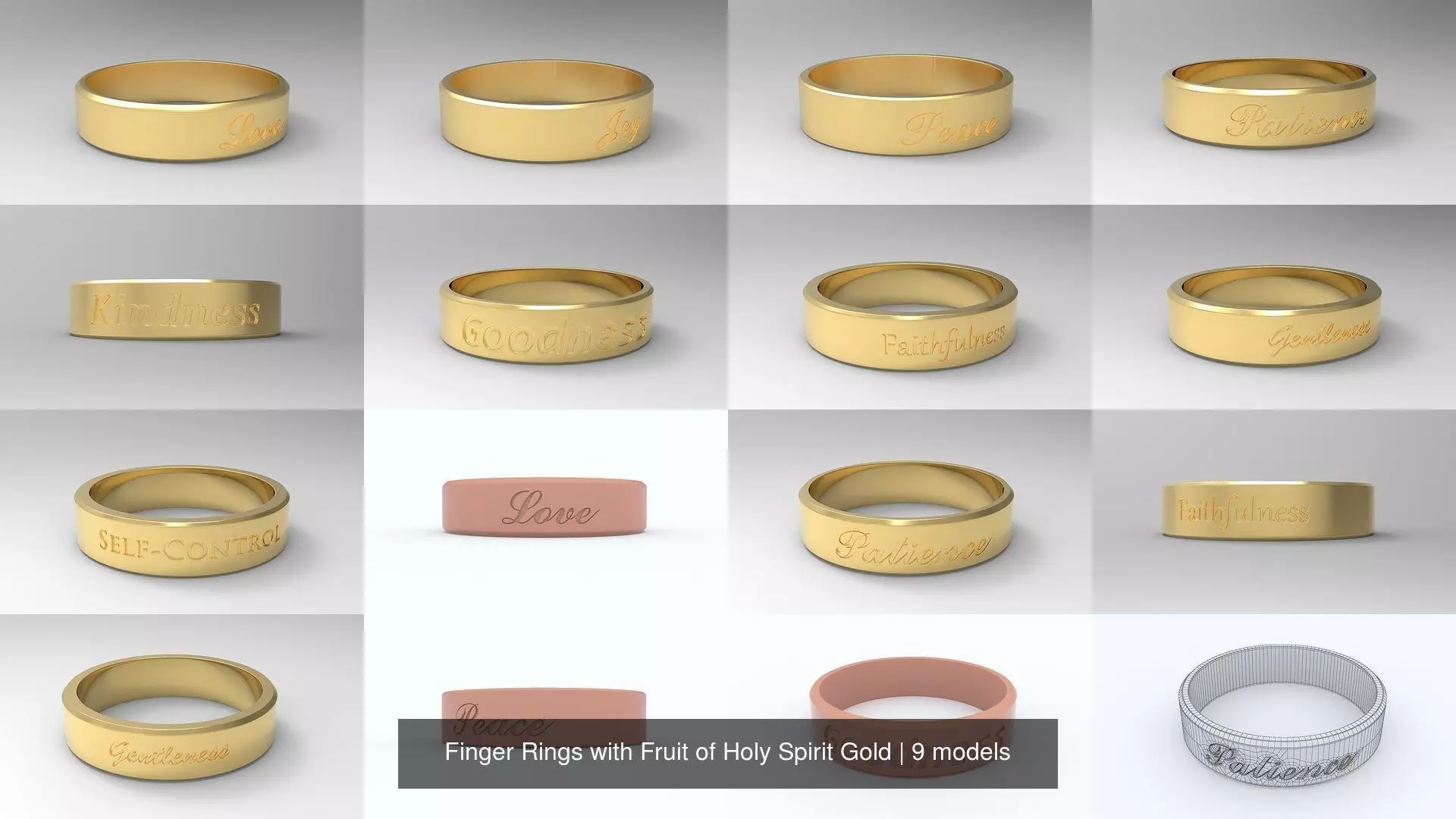 Male Finger Rings with Fruit of Holy Spirit Gold 3D Model Collection_0