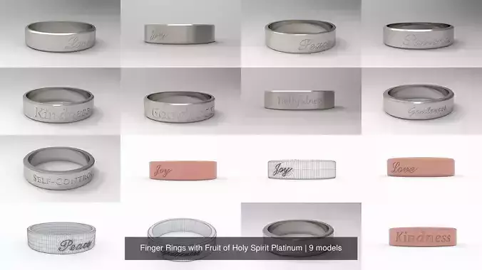 Male Finger Rings with Fruit of Holy Spirit Platinum 3D Model Collection