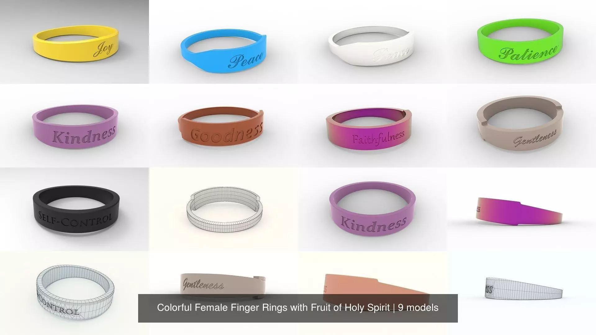 Colorful Female Finger Rings with Fruit of Holy Spirit 3D Model Collection_0