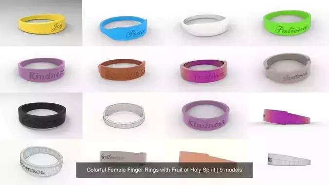 Colorful Female Finger Rings with Fruit of Holy Spirit 3D Model Collection