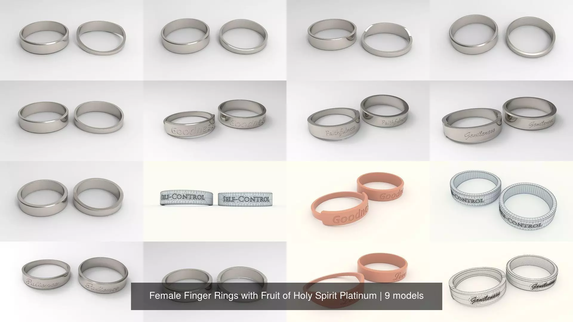 Female Finger Rings with Fruit of Holy Spirit Platinum 3D Model Collection_0