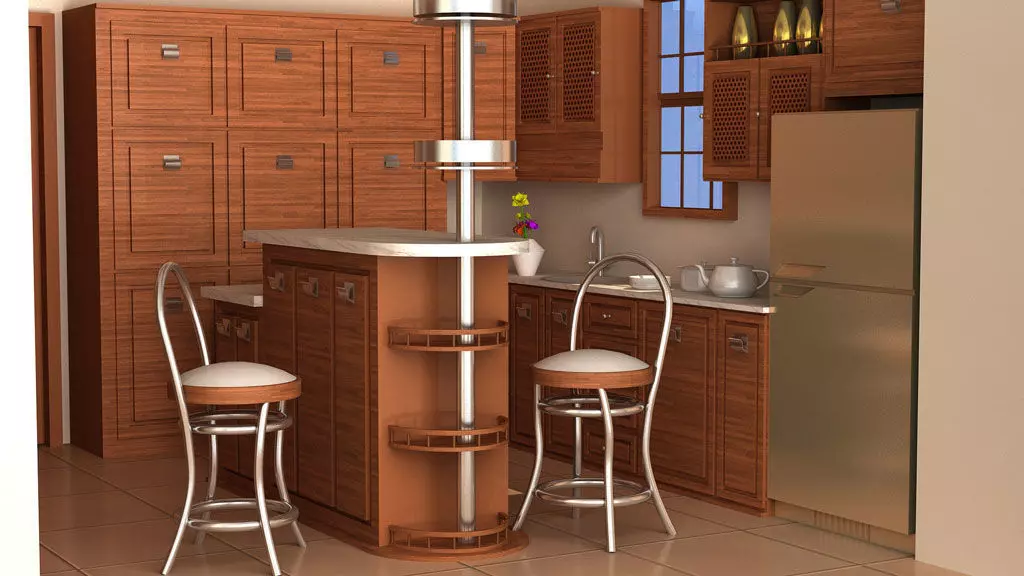 Kitchen with wooden cabinets and bar stools 3D model