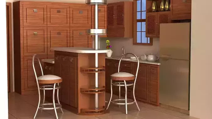 Kitchen with wooden cabinets and bar stools