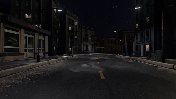 Atmospheric Night city street scene Low-poly 3D model 2