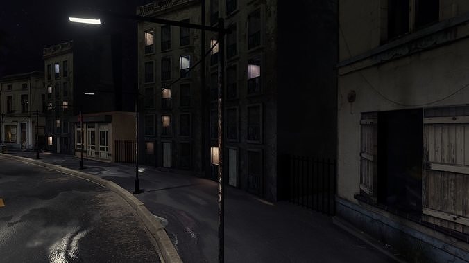 Atmospheric Night city street scene Low-poly 3D model 3
