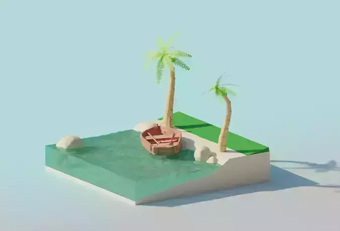 Beach island with palm trees and boat