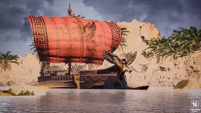 High Quality Antique Trireme Ship  with interior  Low-poly 3D model