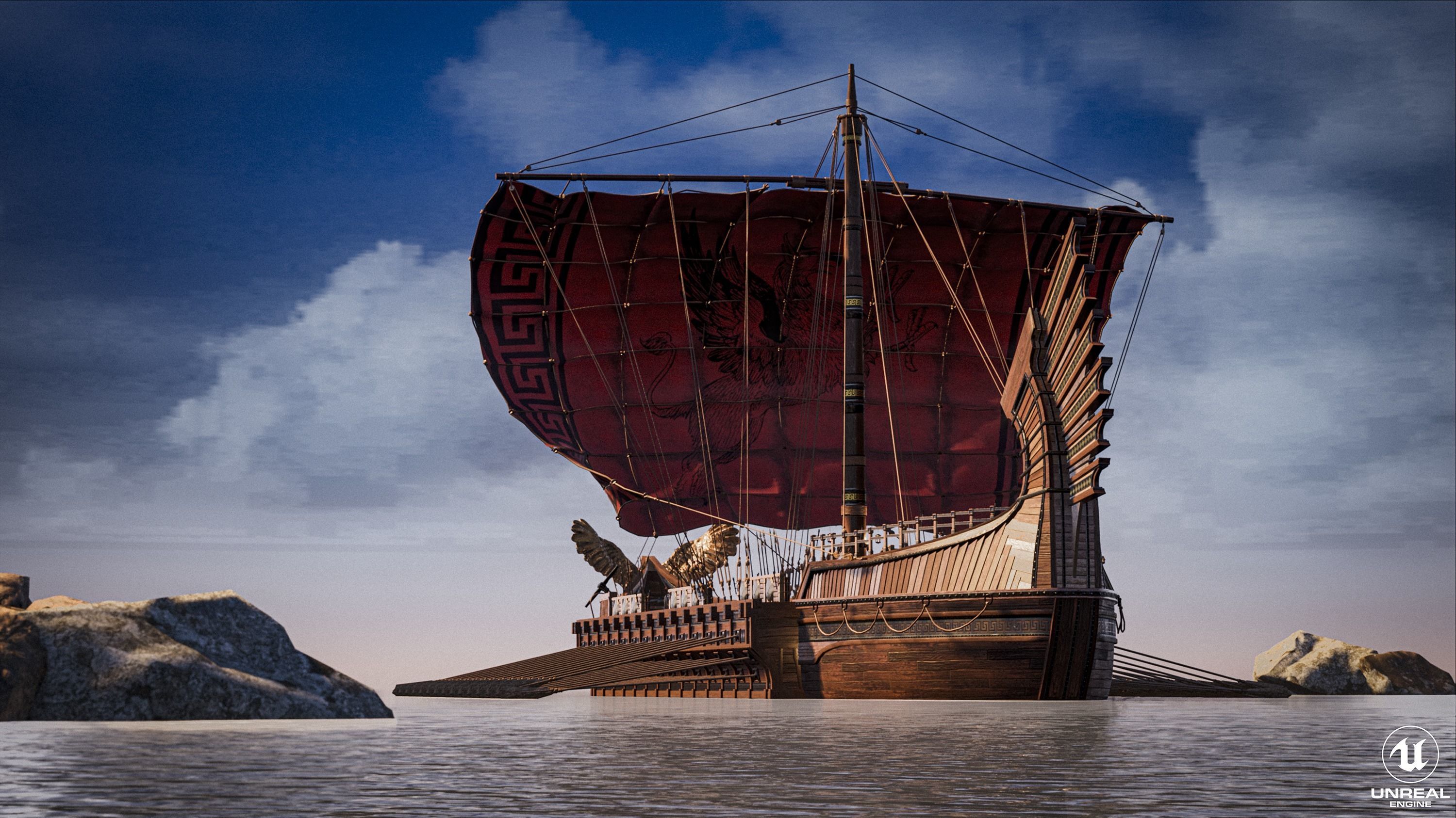 High Quality Antique Trireme Ship  with interior  Low-poly 3D model_31