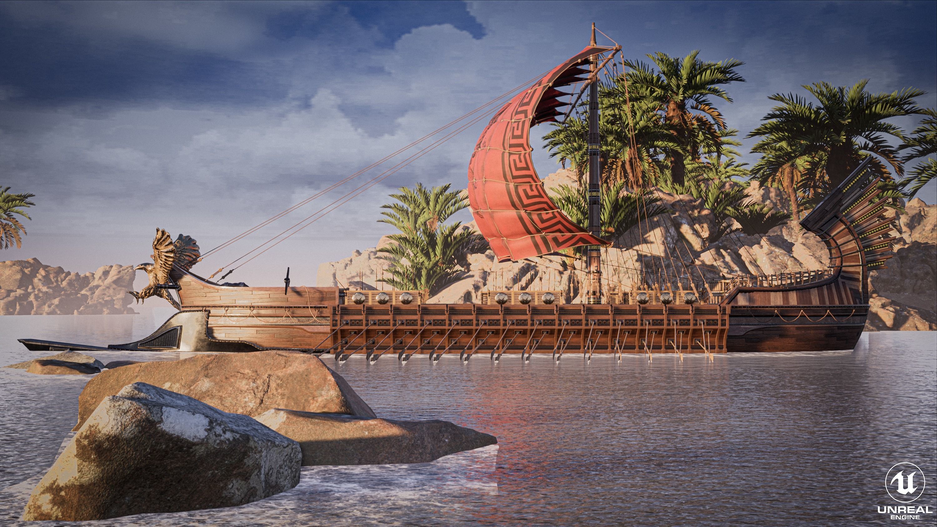 High Quality Antique Trireme Ship  with interior  Low-poly 3D model_11