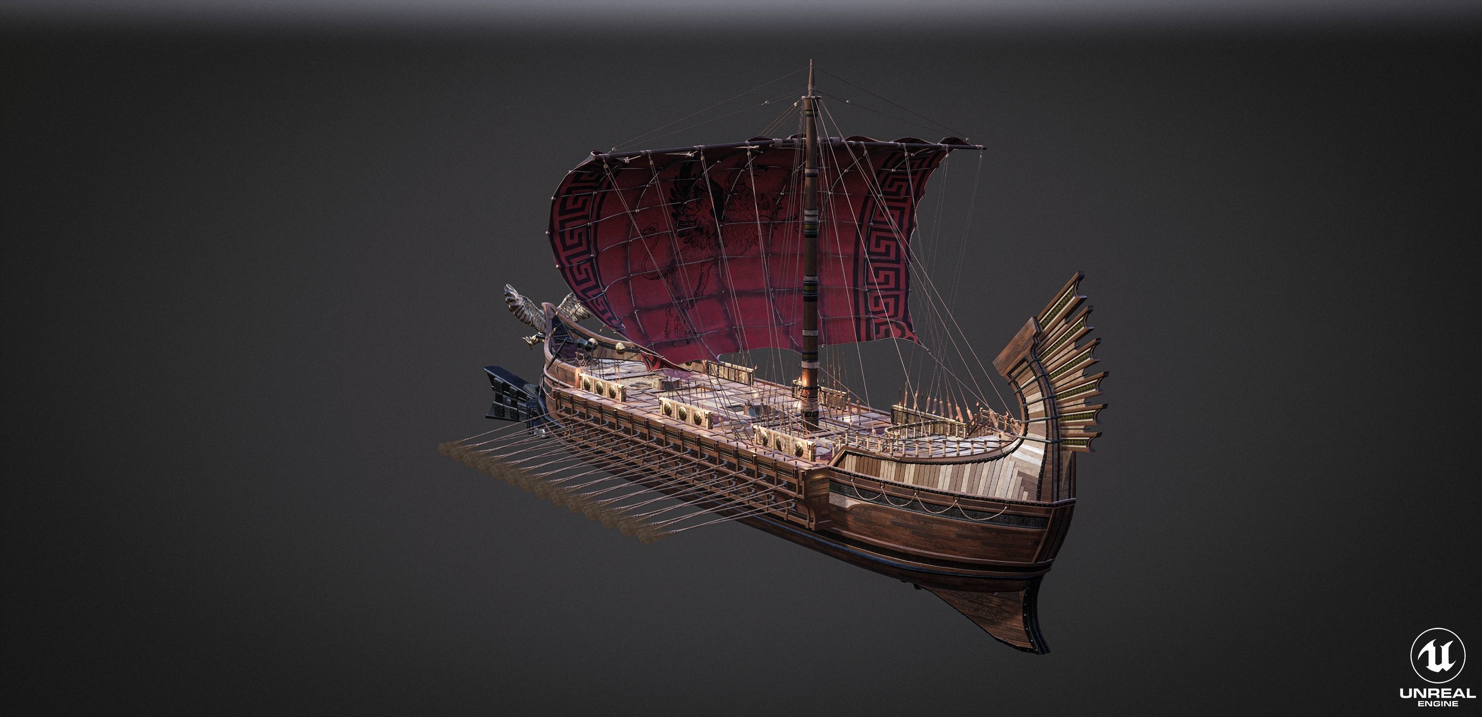 High Quality Antique Trireme Ship  with interior  Low-poly 3D model_32