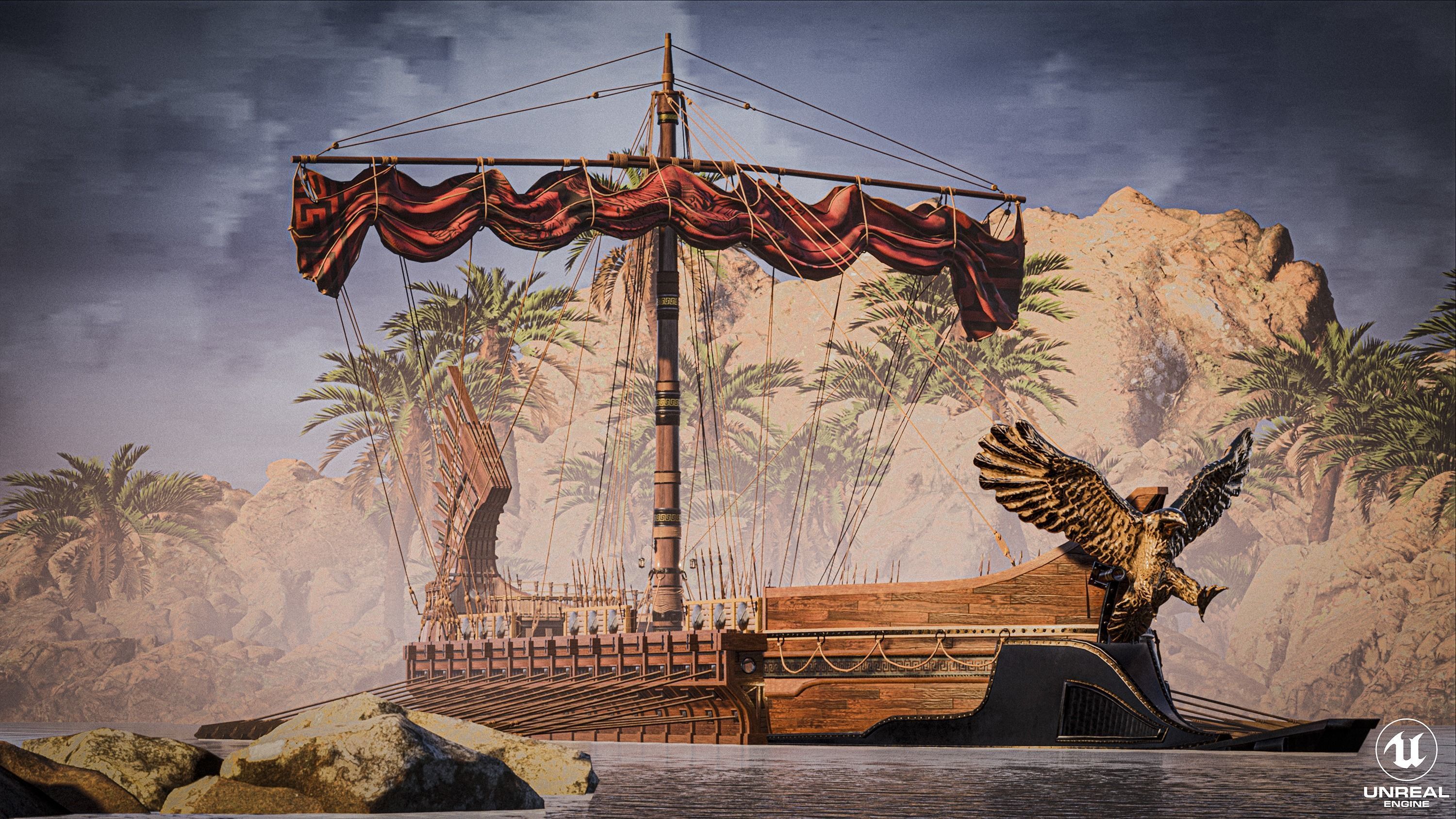 High Quality Antique Trireme Ship  with interior  Low-poly 3D model_3