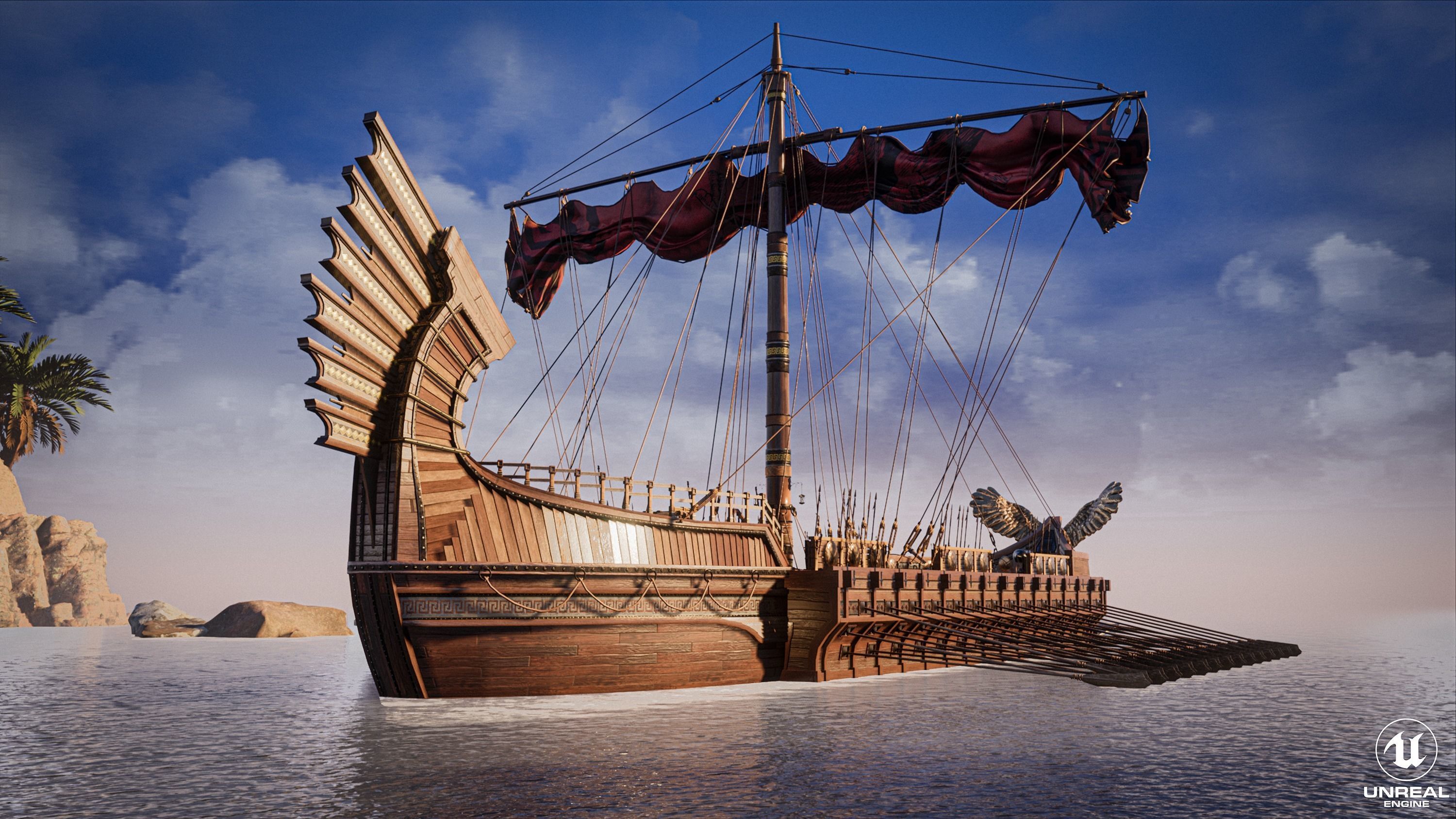 High Quality Antique Trireme Ship  with interior  Low-poly 3D model_13