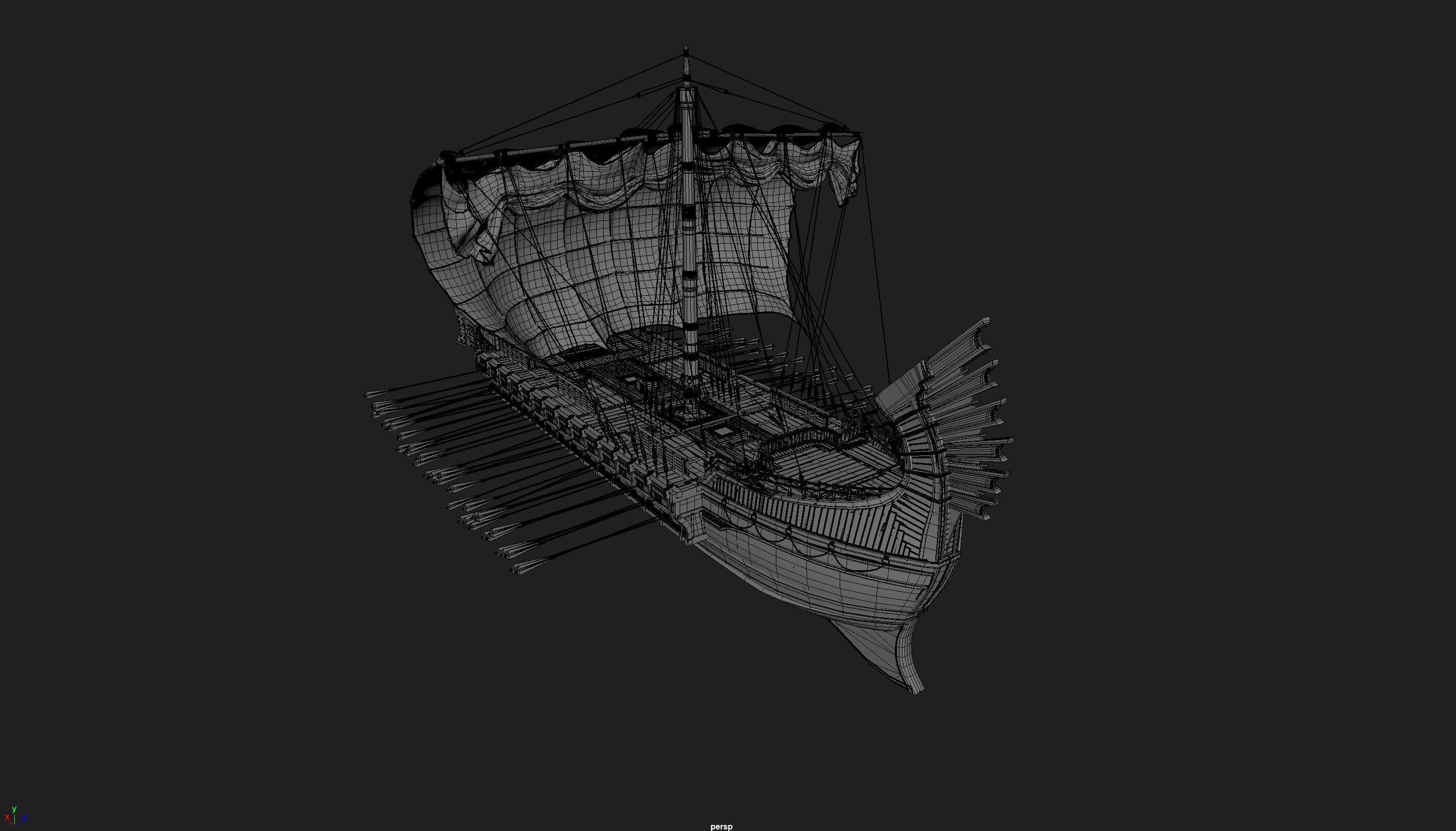 High Quality Antique Trireme Ship  with interior  Low-poly 3D model_34