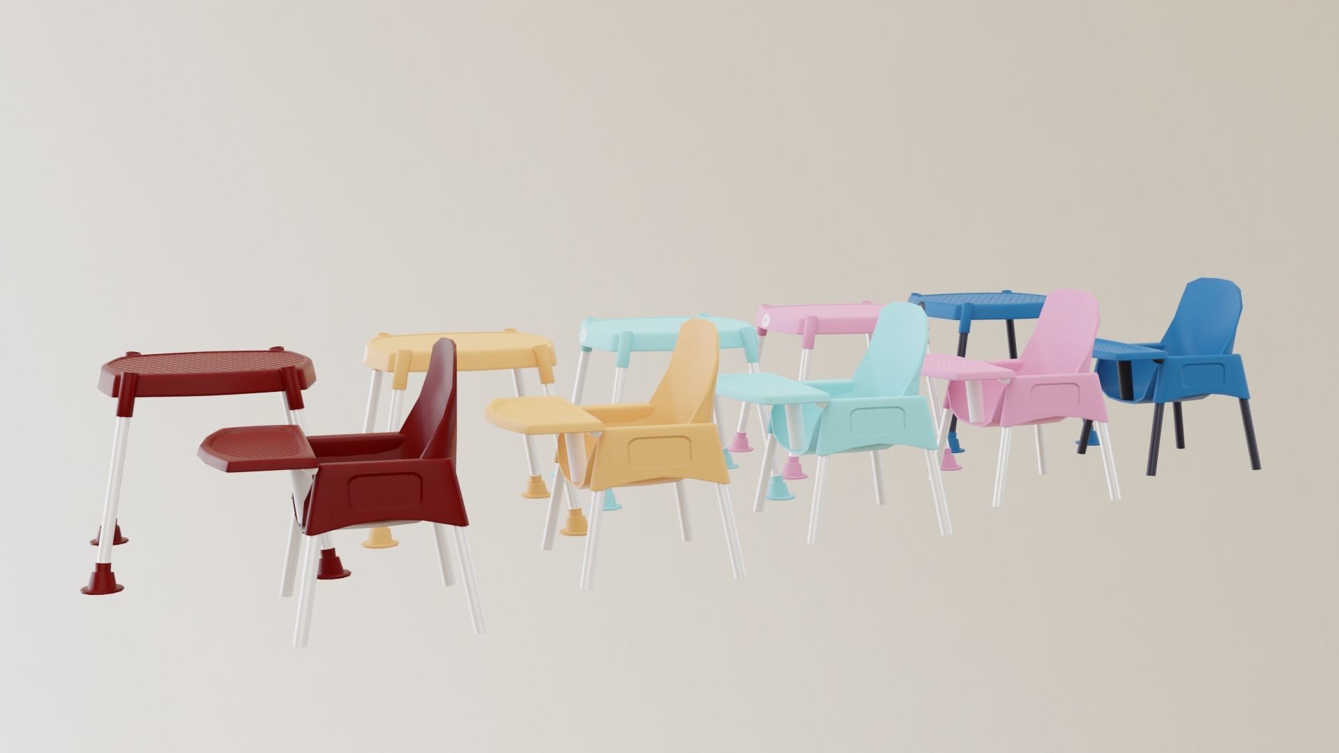 Highchair colorful high chairs Low-poly 3D model_7