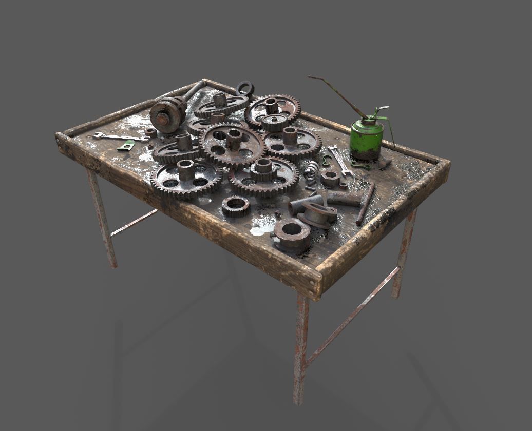 Old Workbench With Gears 3D model_4
