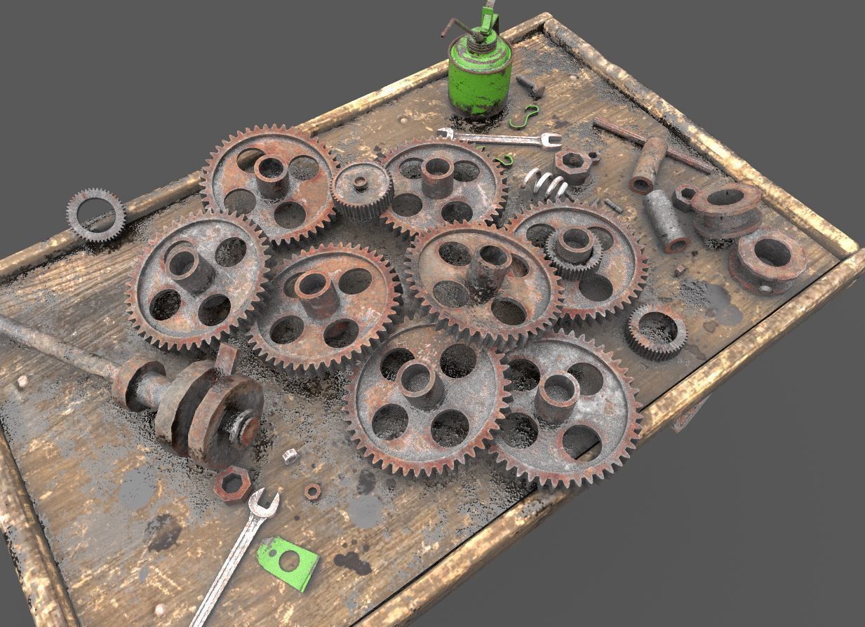 Old Workbench With Gears 3D model_6