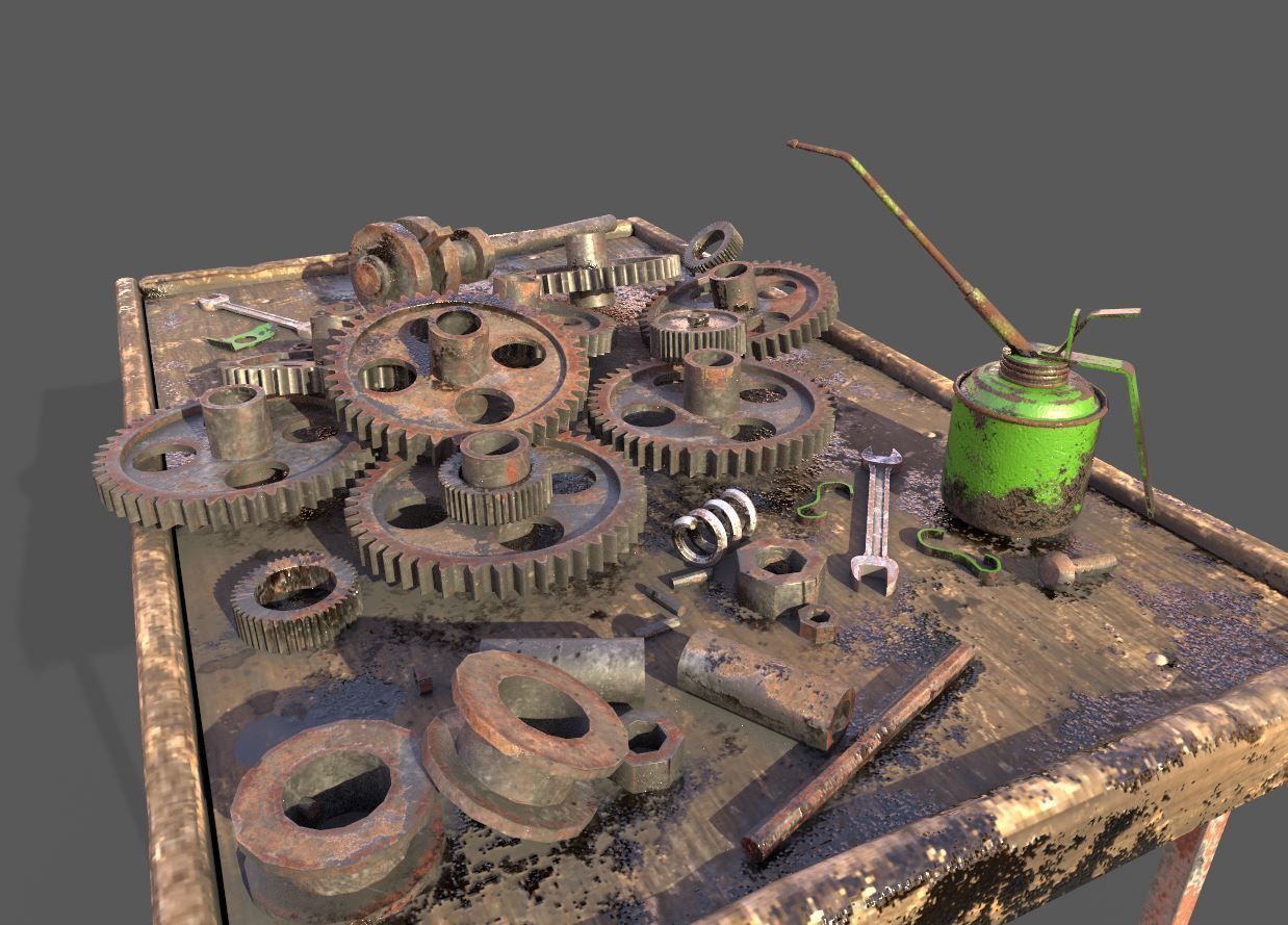Old Workbench With Gears 3D model_5