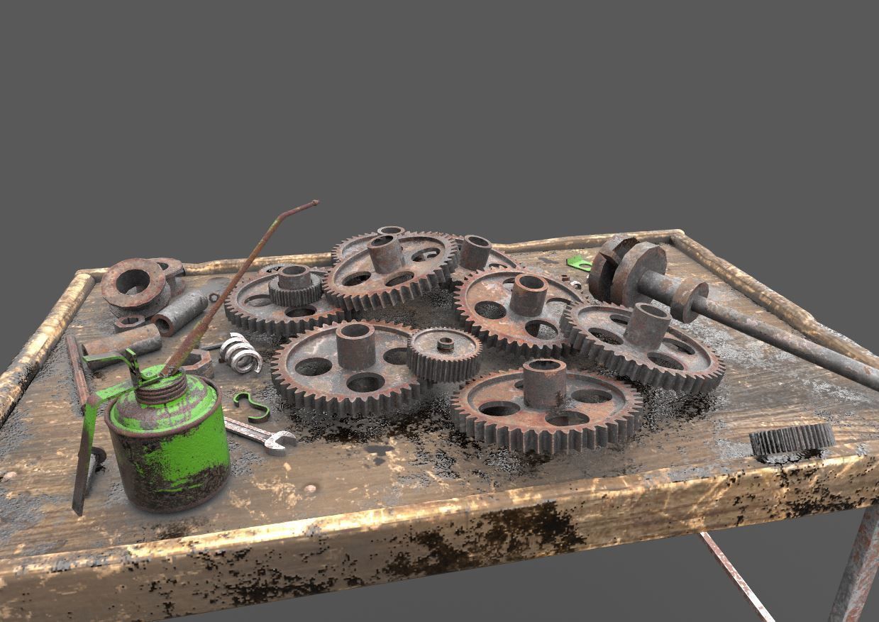 Old Workbench With Gears 3D model_2