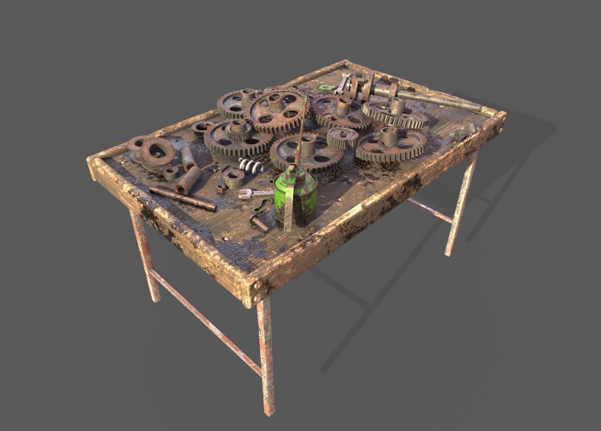 Old Workbench With Gears 3D model_3