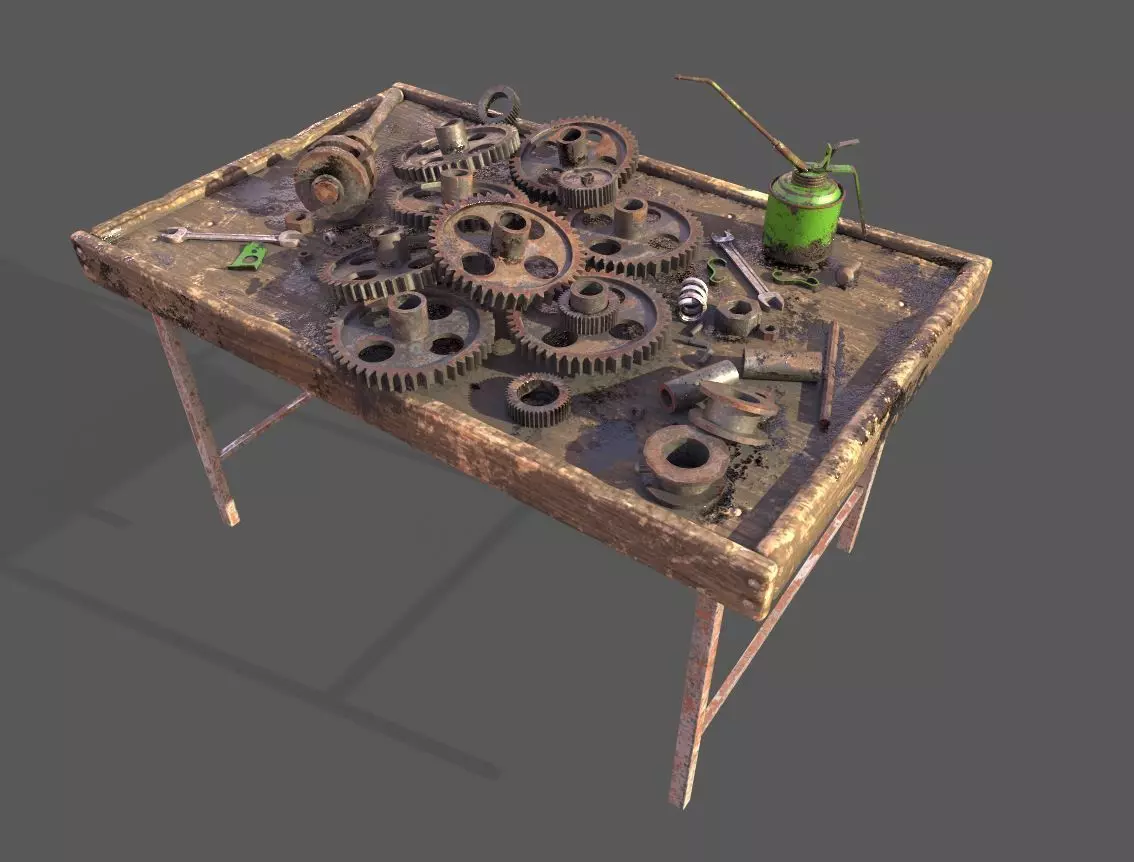 Old Workbench With Gears 3D model_0