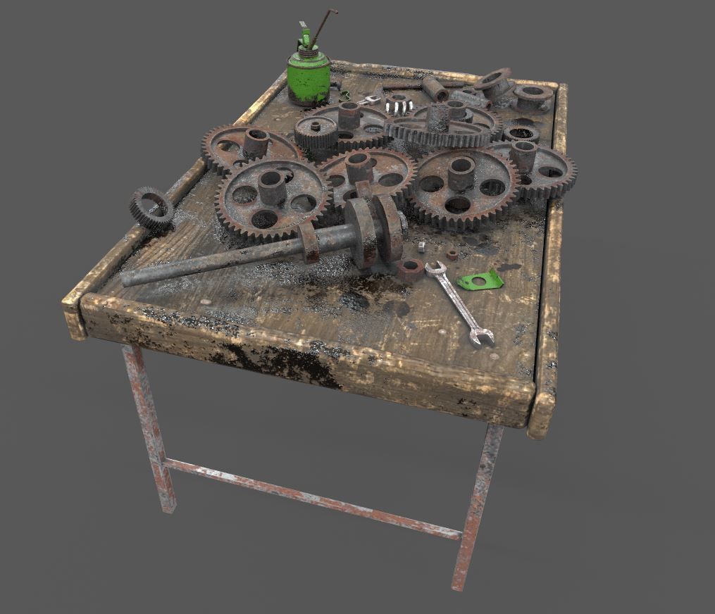 Old Workbench With Gears 3D model_11